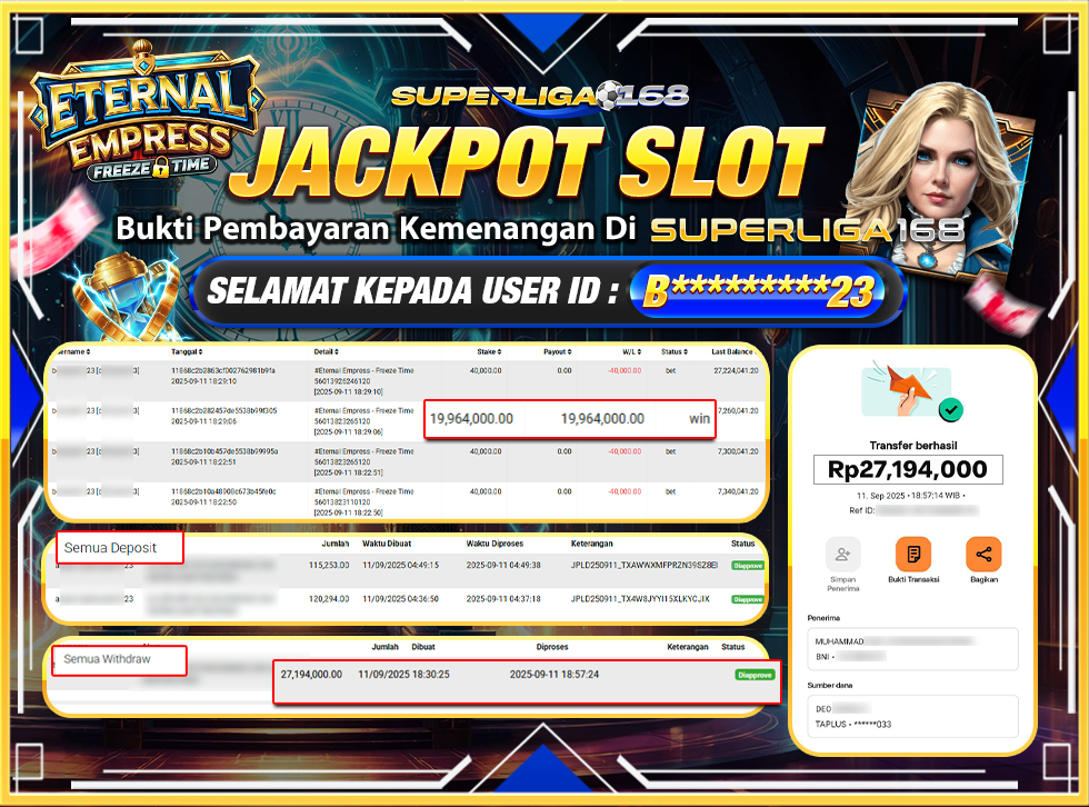 SUPERLIGA168 JACKPOT ENTERNAL EMPRESS FREEZE TIME Rp.27,149,000-LUNAS